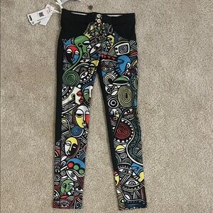 Freddy rare Laolo NYC abstract Face Print Leggings Black with Multicolor Graphic